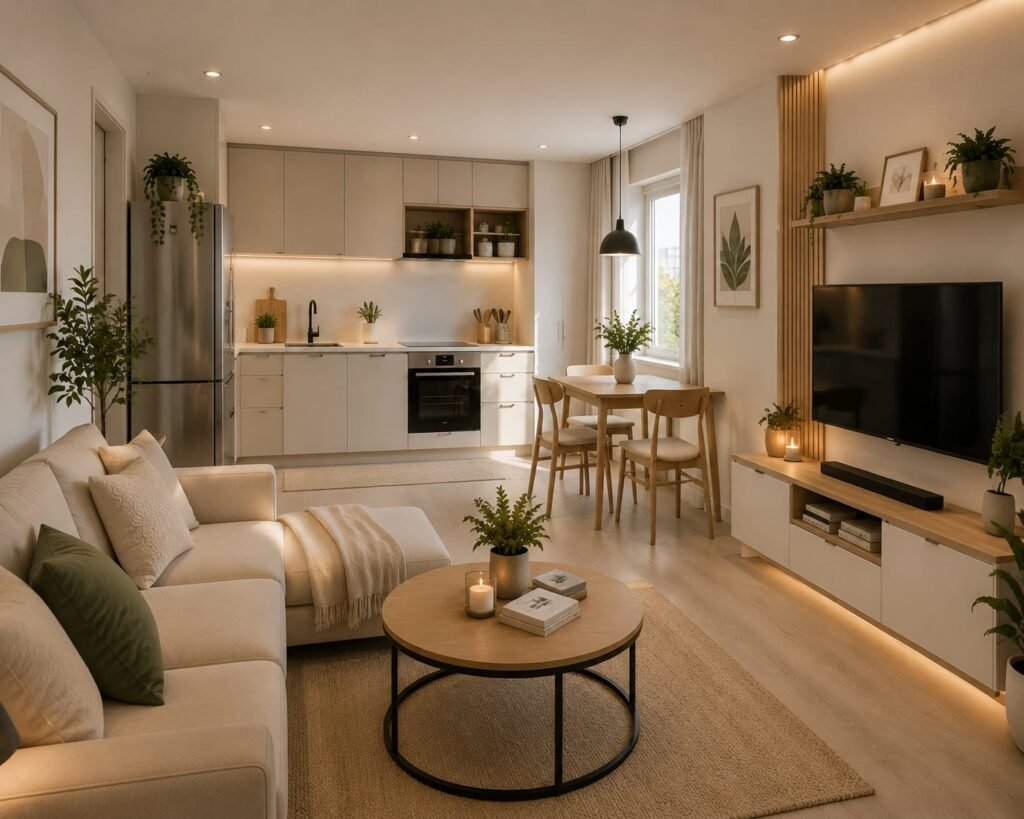 Open plan small home interior with modern living and dining space design
