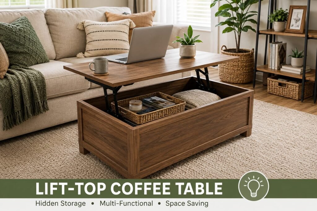 Lift-top coffee table with hidden storage for a small living room