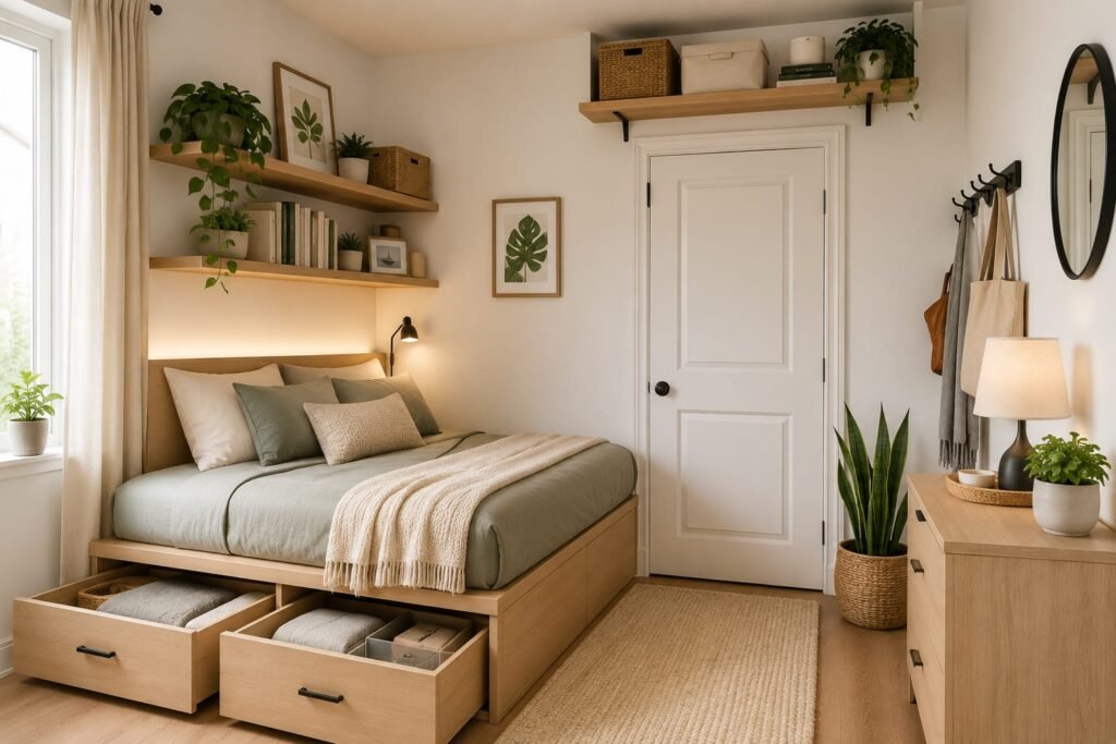 Small apartment bedroom with under-bed storage and floating wall shelves