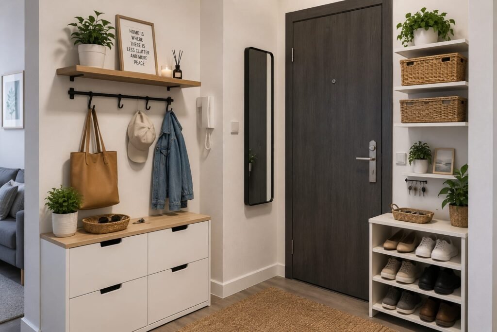 Small apartment entryway with slim shoe storage and wall hooks