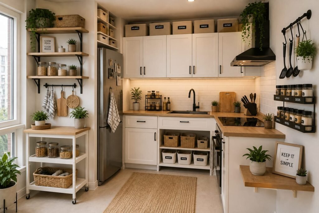 Compact apartment kitchen using vertical shelves and organized storage containers