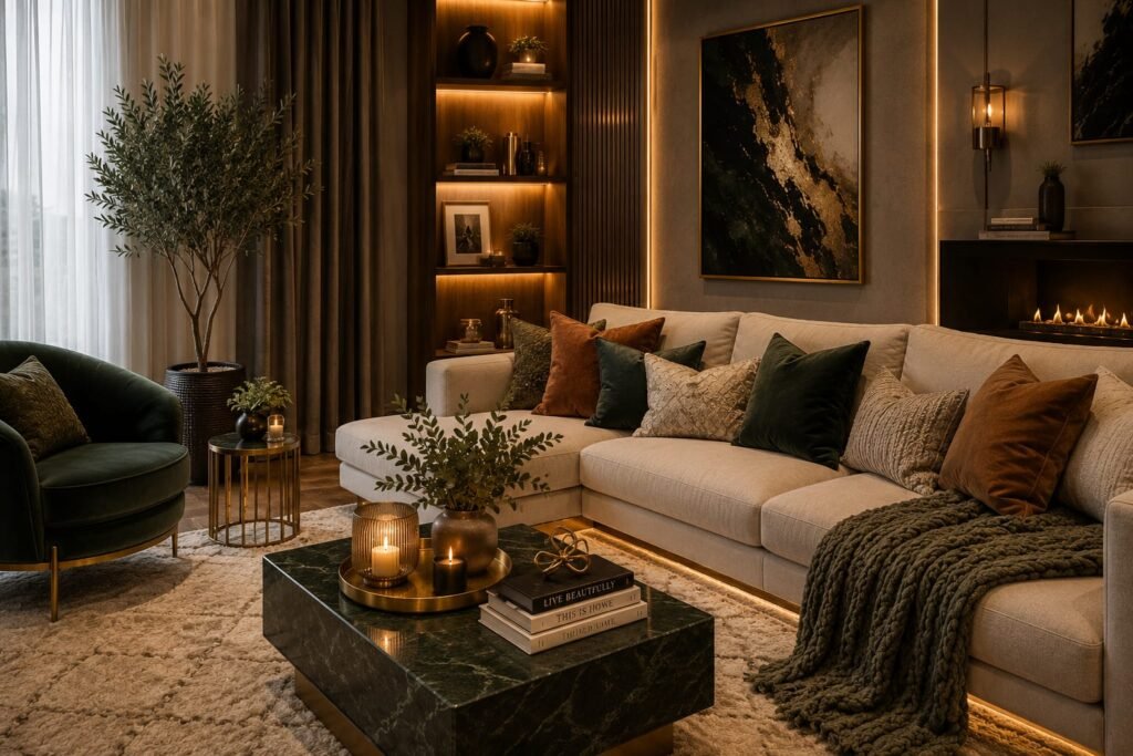 cozy home decor ideas with warm lighting soft throws and neutral colors
