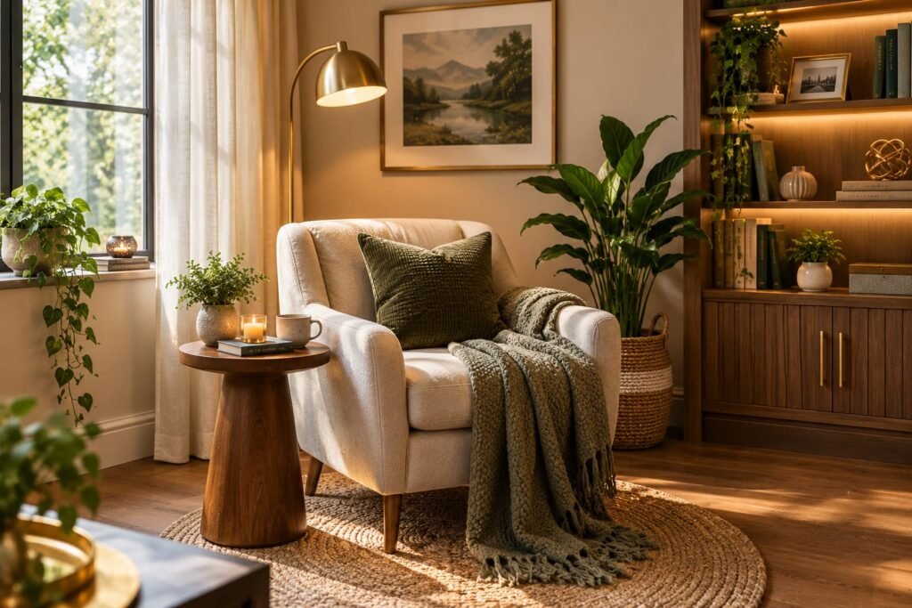 cozy reading corner with armchair warm lamp throw blanket and indoor plant
