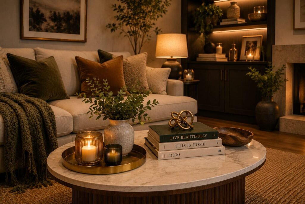 warm home decor with neutral textures brass accents candles and greenery
