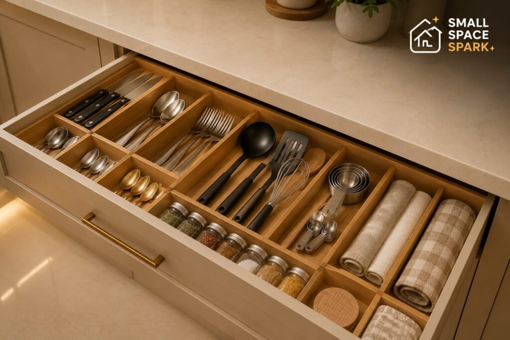 kitchen organization ideas with organized drawers and utensil dividers