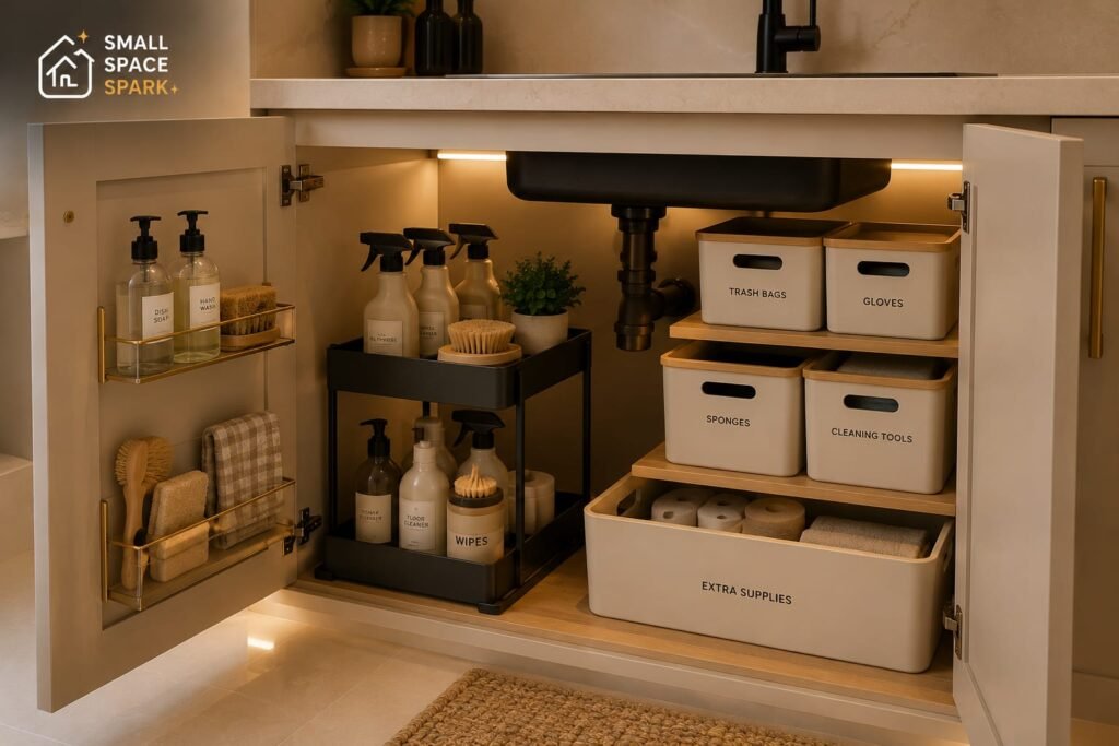 organized kitchen pantry with jars baskets and grouped food storage