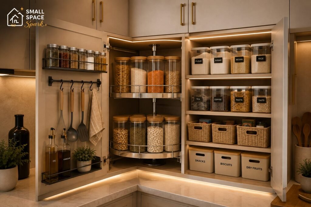 small kitchen organization ideas using vertical wall storage and shelves