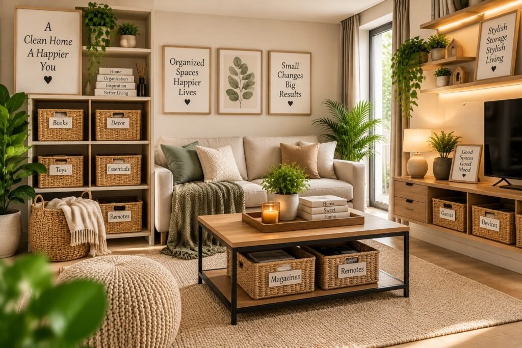 modern home organization ideas with stylish storage furniture and decor
